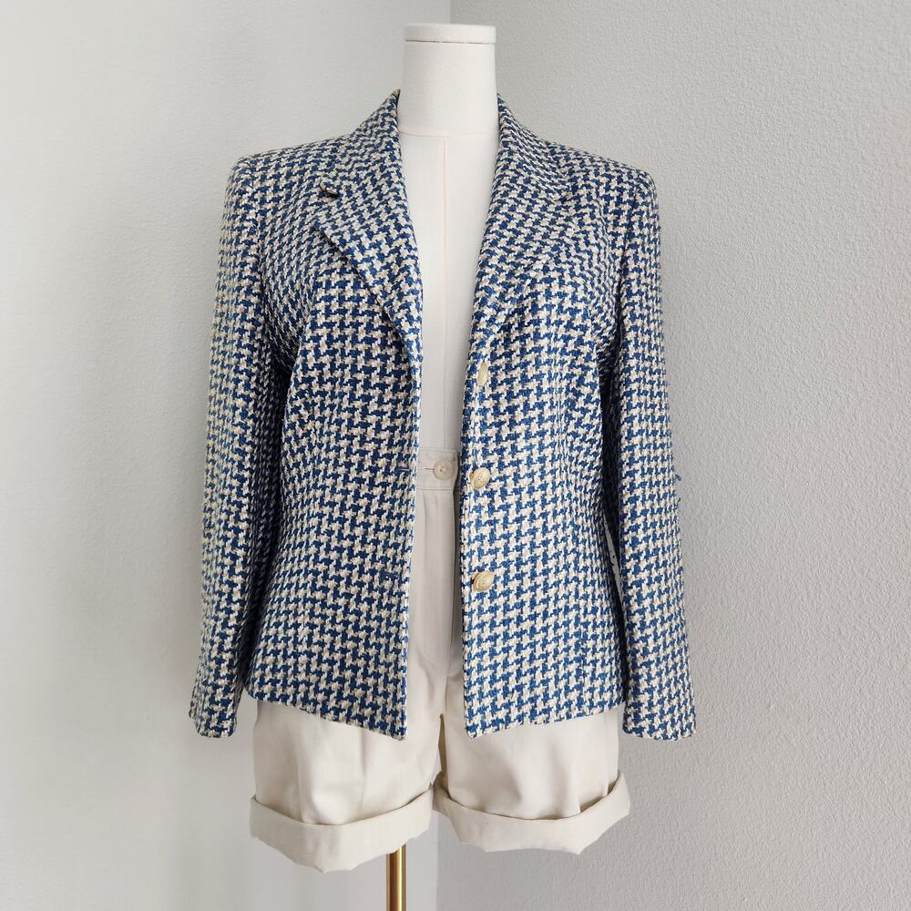 Vintage 90s Houndstooth Tweed Blazer Jacket Cream Blue 3 Button Long Sleeve L - Picture 13 of 13